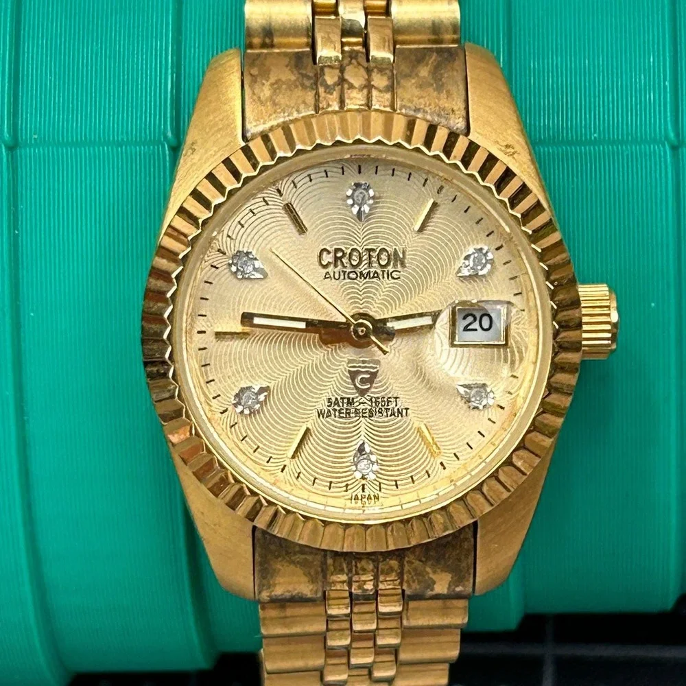 Croton Automatic Gold Tone Watch Fluted‎ Bezel Crystal Markers Tested